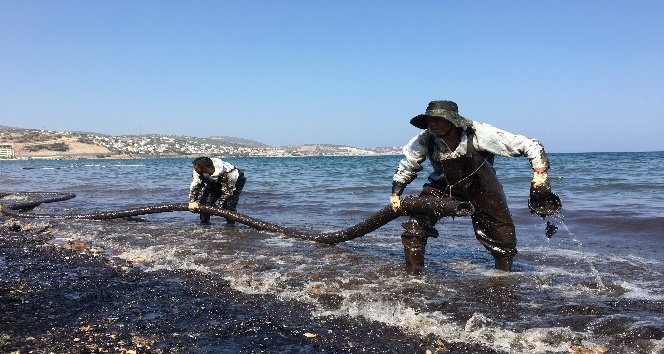 Foça’da denizdeki akaryakıtı temizleme çalışmaları devam ediyor