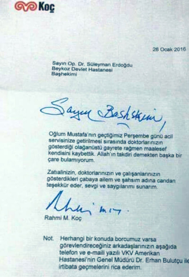 Rahmi Koç'tan Beykoz Devlet Hastanesi'ne teşekkür mektubu