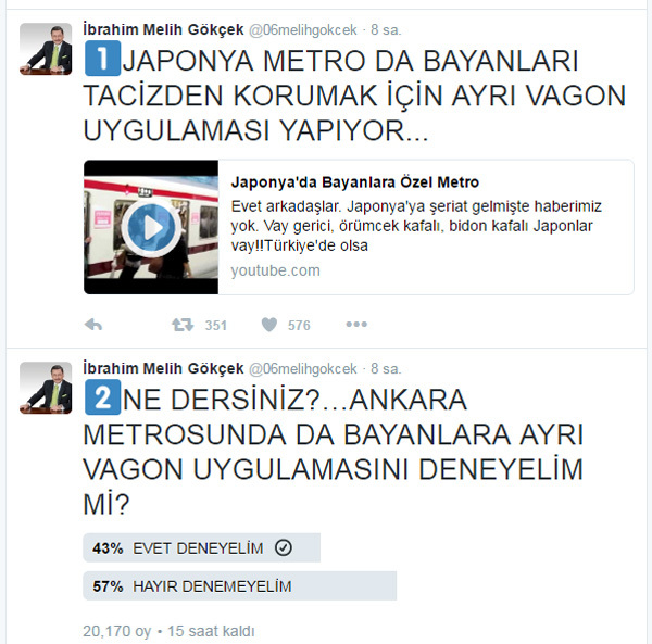 Melih Gökçek: Ankara Metrosu'nda kadınlara ayrı vagon olsun mu?