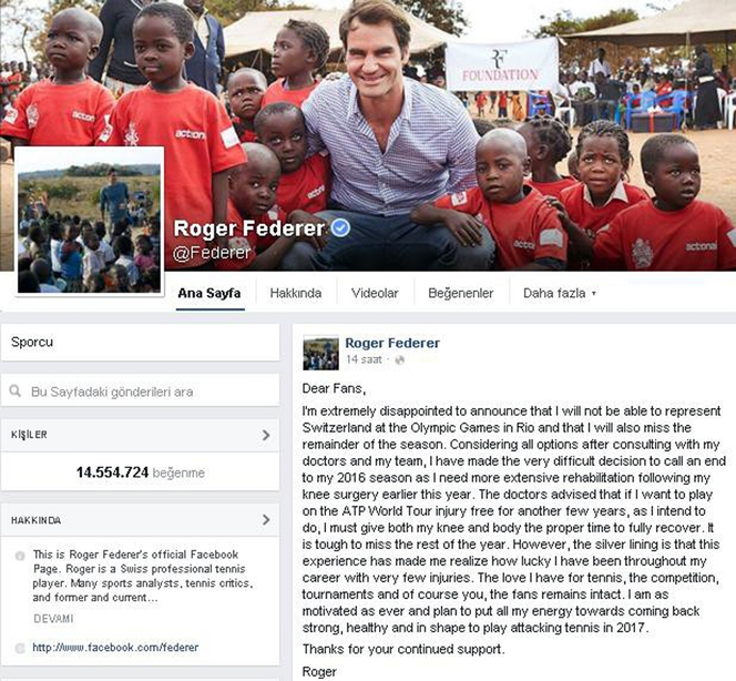 Federer, Rio’da yok