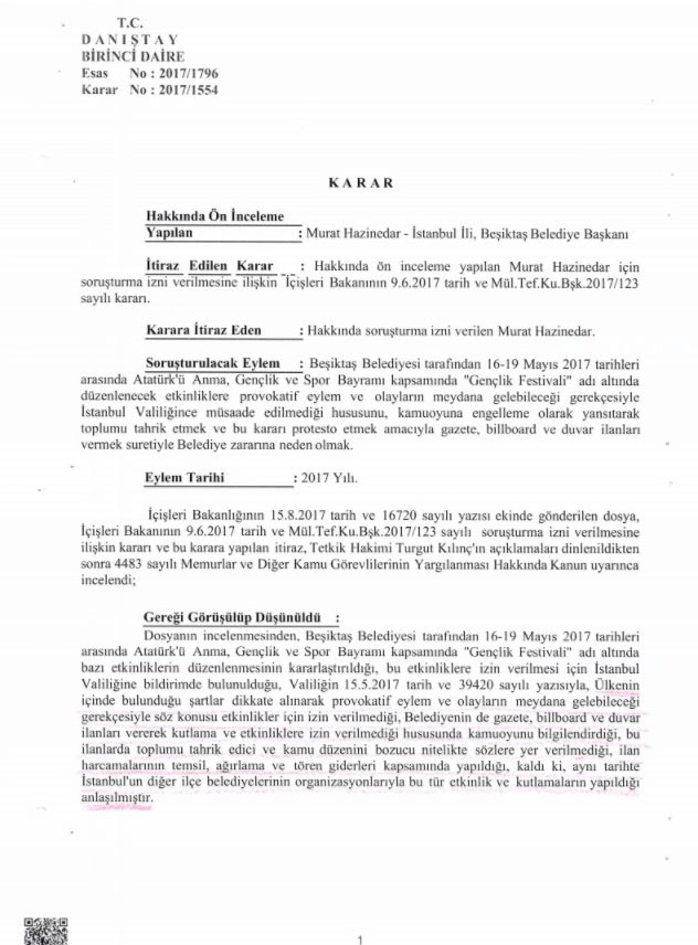 Danıştay'dan, Beşiktaş Belediye Başkanı Hazinedar hakkında 19 Mayıs Kararı