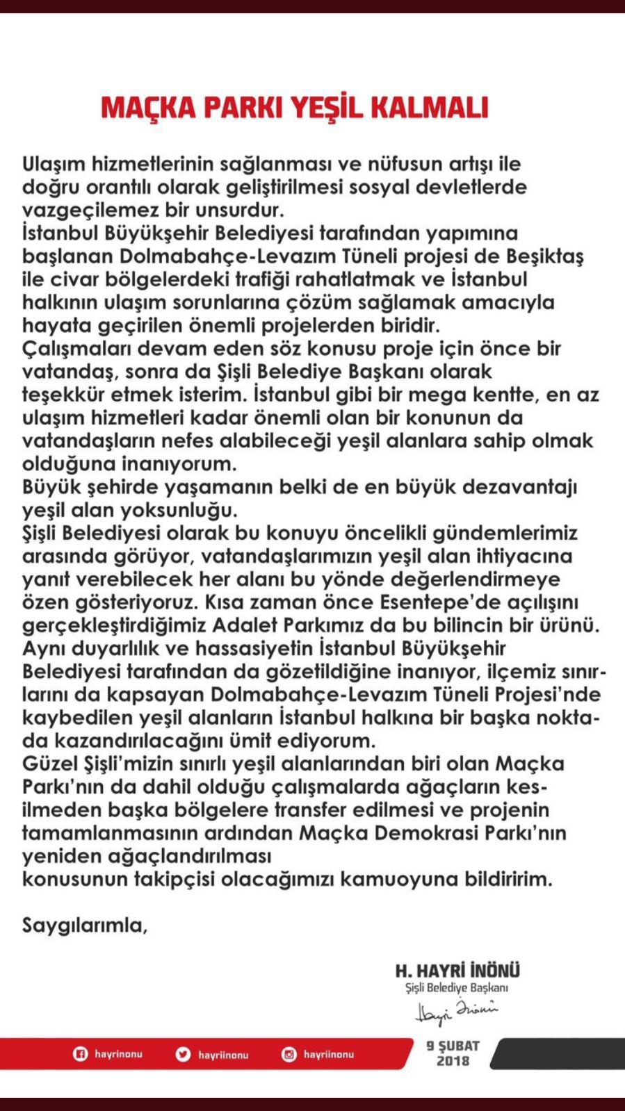 Hayri İnönü’den kafa karıştıran Maçka Parkı açıklaması