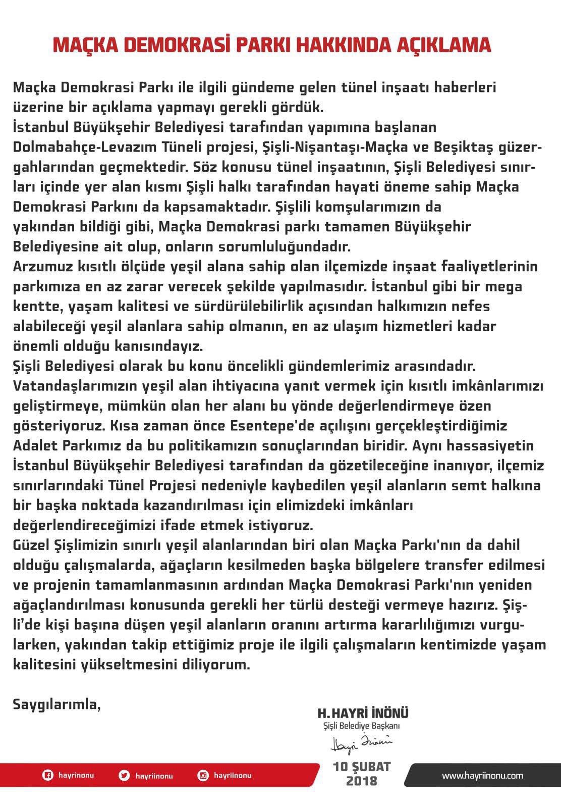 Hayri İnönü’den kafa karıştıran Maçka Parkı açıklaması