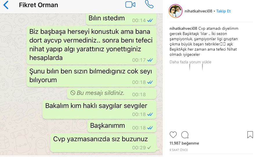 Nihat Kahveci, Fikret Orman'a gönderdiği WhatsApp mesajını paylaştı