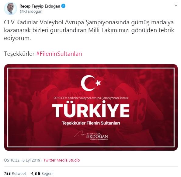 Cumhurbaşkanı Erdoğan’dan Filenin Sultanları’na tebrik