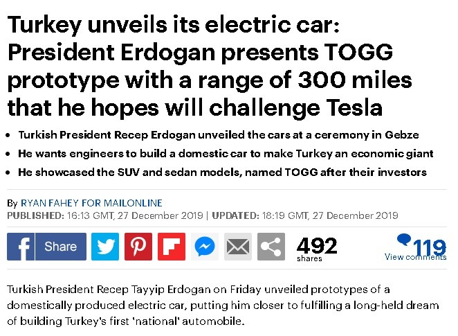 Yerli otomobil dış basında: 'Erdoğan, Tesla’ya meydan okumayı umuyor'