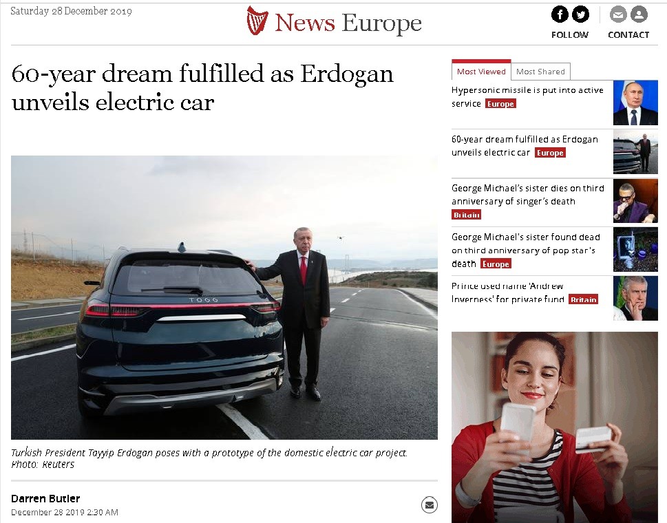 Yerli otomobil dış basında: 'Erdoğan, Tesla’ya meydan okumayı umuyor'