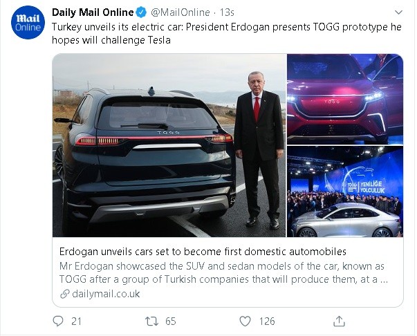 Yerli otomobil dış basında: 'Erdoğan, Tesla’ya meydan okumayı umuyor'