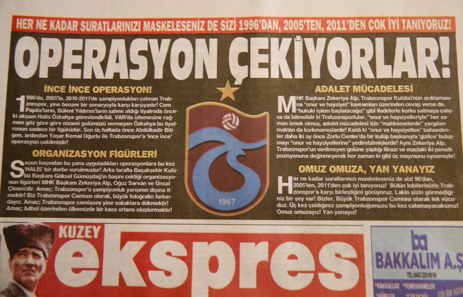 Trabzon'daki 4 yerel gazete 'Trabzonspor'a operasyon çekiyorlar' başlığıyla çıktı