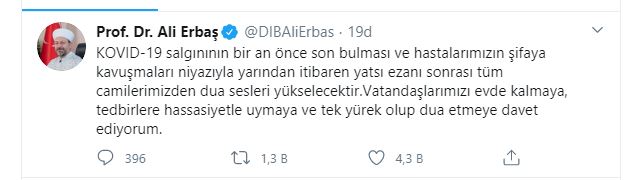Diyanet İşleri Başkanı Erbaş: 'Yatsı ezanı sonrası tüm camilerimizden dua sesleri yükselecektir'