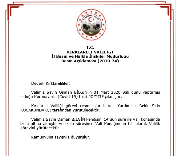 Kırklareli Valisi Osman Bilgin korona virüse yakalandı