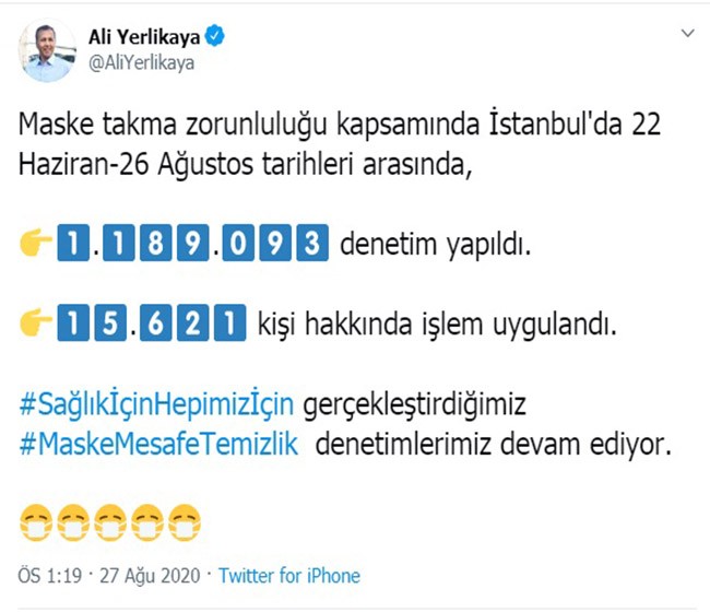 İstanbul'da maske takmayan 15 bin 621 kişiye ceza.