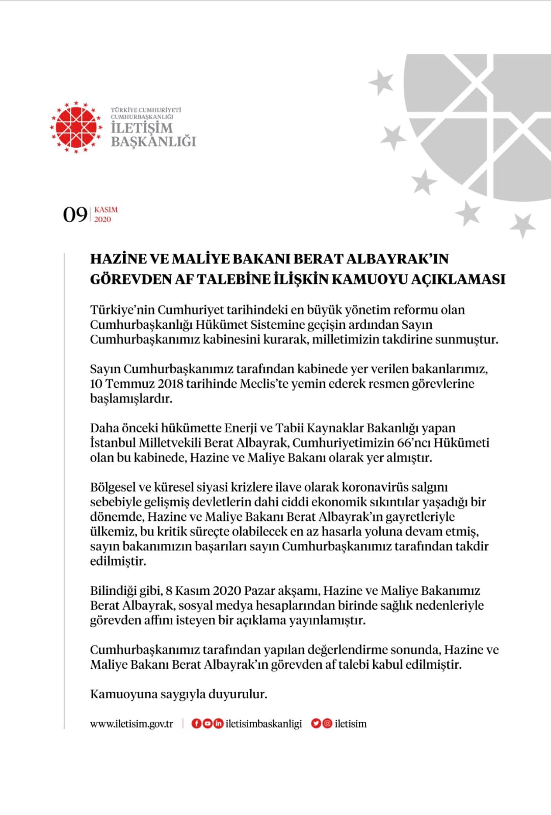 Bakan Berat Albayrak'ın görevden af talebi kabul edildi