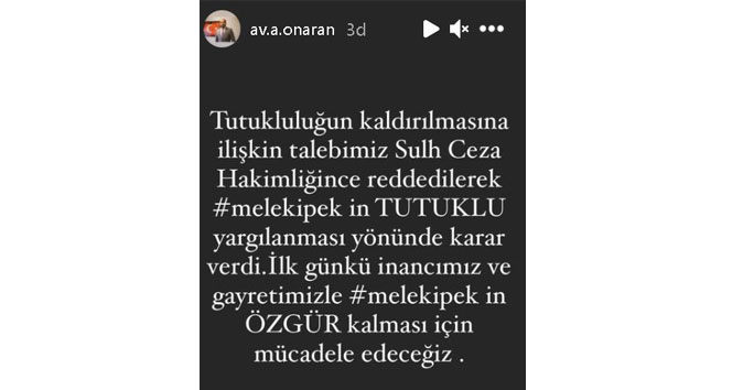 Melek İpek’in tutukluluğuna yapılan itiraz reddedildi