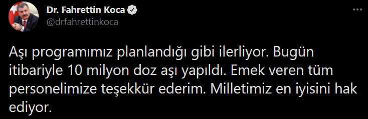 Sağlık Bakanı Koca: 'Bugün itibariyle 10 milyon doz aşı yapıldı'