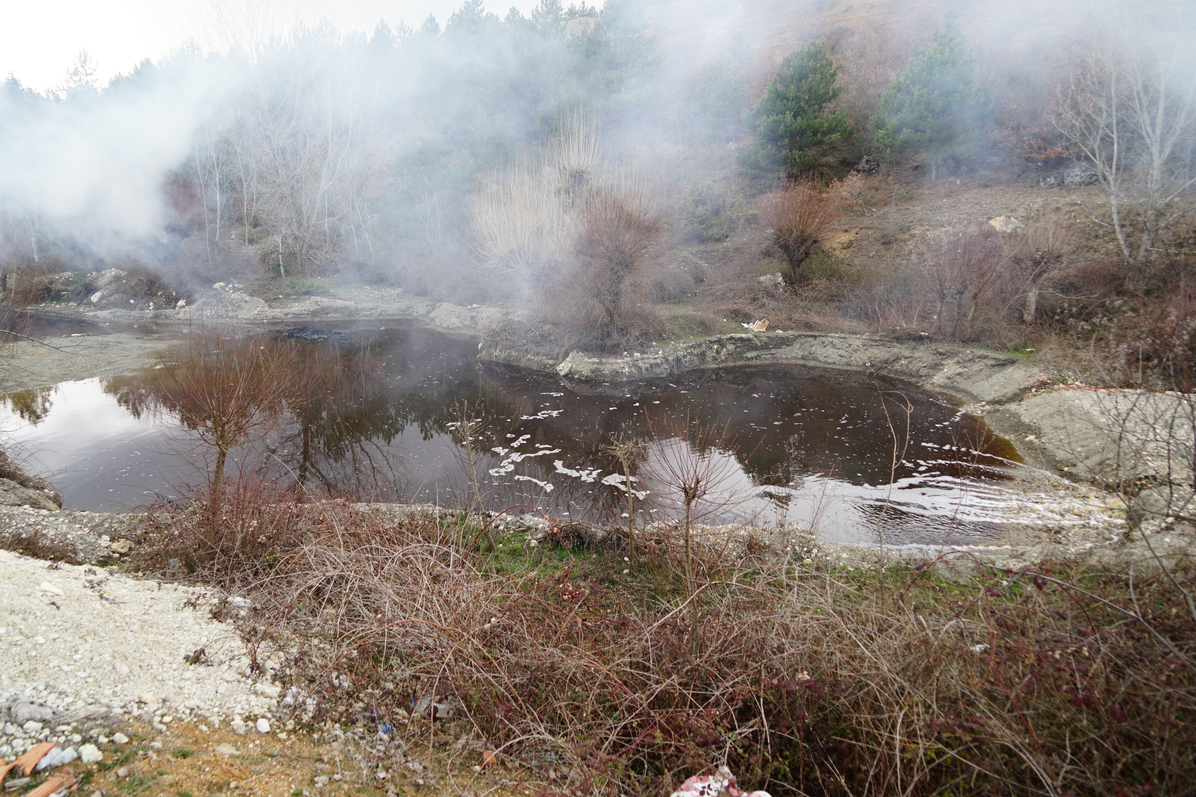 Bu derenin suyu kahverengi ve köpüklü akıyor