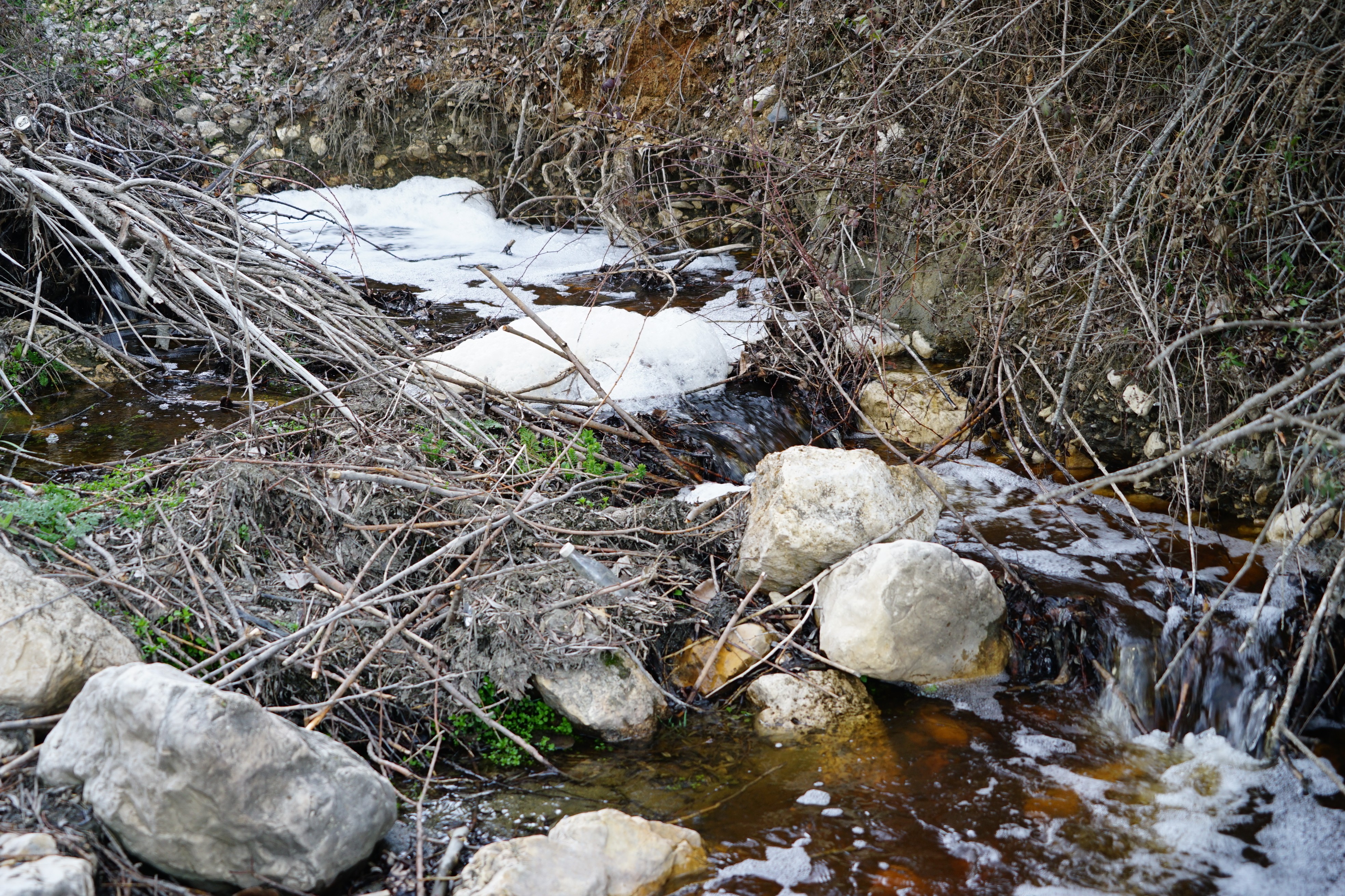 Bu derenin suyu kahverengi ve köpüklü akıyor