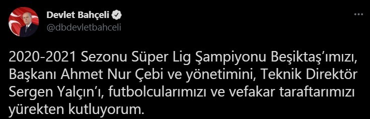 MHP lideri Bahçeli, şampiyon Beşiktaş'ı kutladı