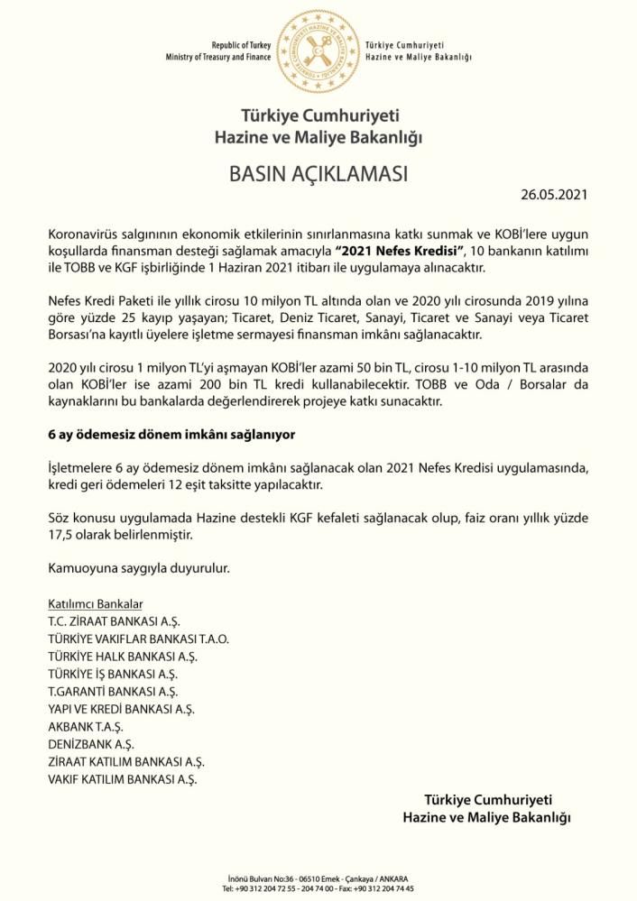 Bakanlık duyurdu! '2021 Nefes Kredisi' uygulaması başlıyor