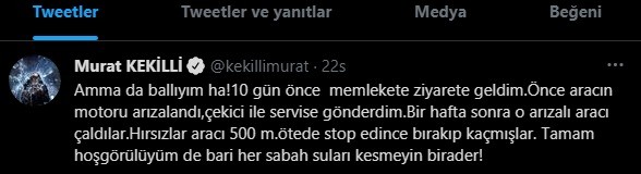 Murat Kekilli’nin çalınan cipi terk edilmiş halde bulundu