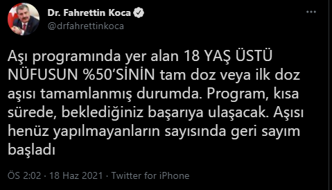 Bakan Koca duyurdu: '18 yaş üstü nüfusun yüzde 50’si tamamlandı'