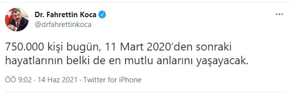 Bakan Koca: '750 bin kişi bugün, 11 Mart'tan sonra en mutlu anlarını yaşayacak'