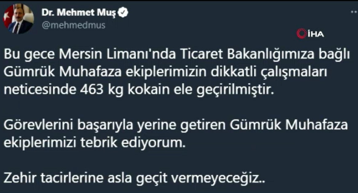 Bakan Muş: 'Mersin Limanı'nda 463 kilogram kokain ele geçirildi'