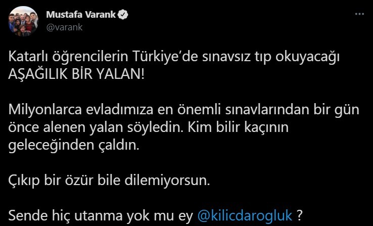 Bakan Varank: 'Katarlı öğrencilerin Türkiye’de sınavsız tıp okuyacağı aşağılık bir yalan'