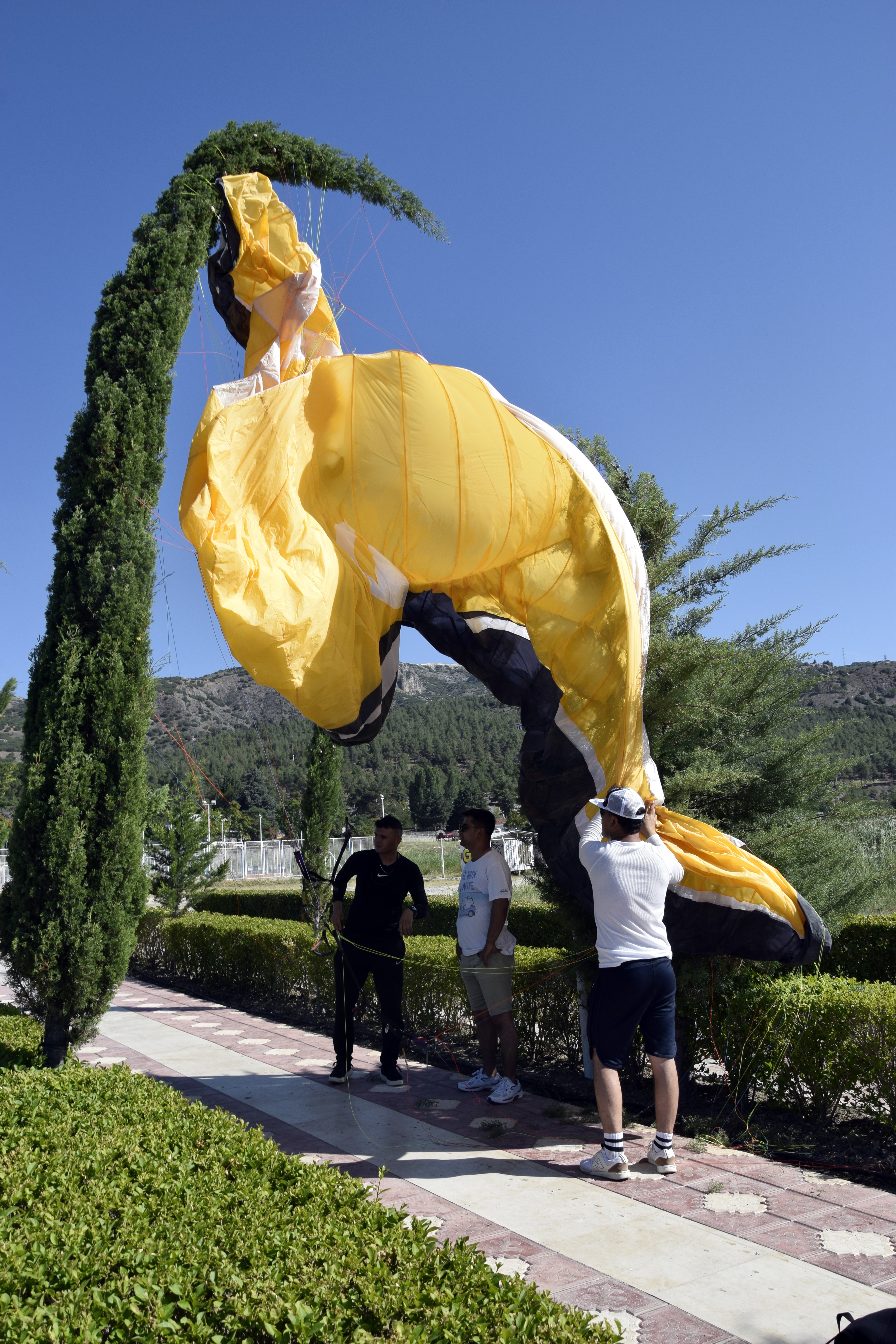 Yer çalışması yapan paraşütçü rüzgar çıkınca çam ağacına takıldı