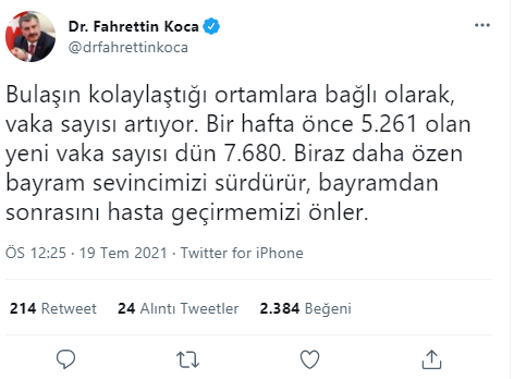 Bakan Koca: 'Bulaşın kolaylaştığı ortamlara bağlı olarak vaka sayısı artıyor'