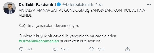 Bakan Pakdemirli, Manavgat yangınının kontrol altına alındığını duyurdu
