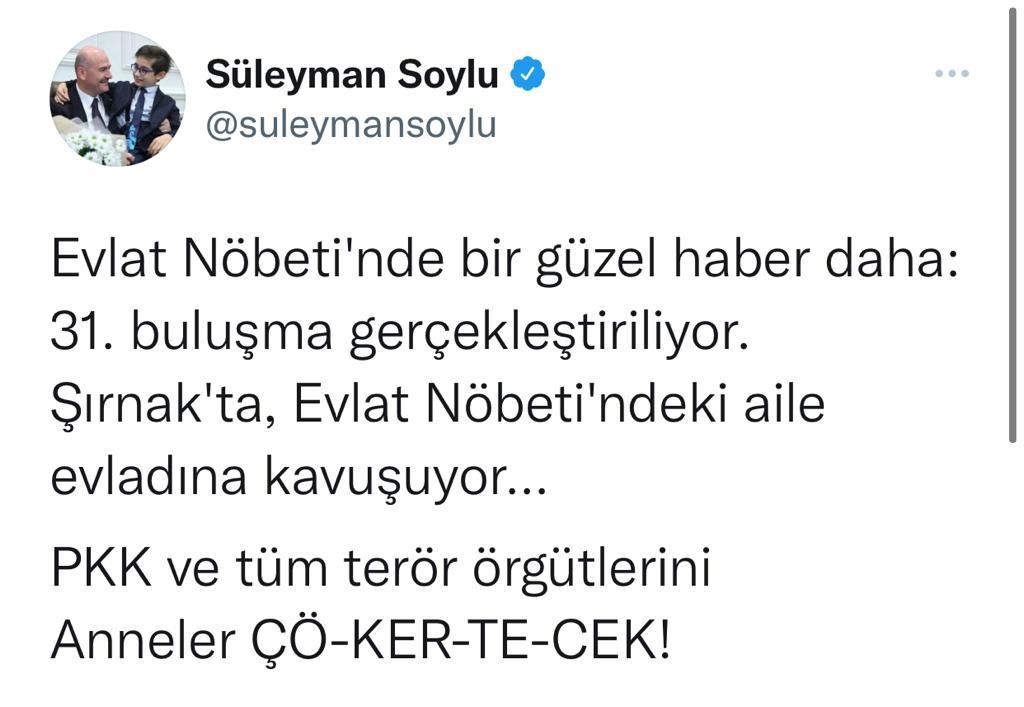 Bakan Soylu: 'Şırnak’ta evlat nöbetindeki aile evladına kavuşuyor'