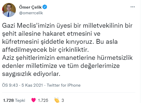 AK Parti Sözcüsü Çelik: 'Bir milletvekilinin bir şehit ailesine hakaret etmesini kınıyoruz'