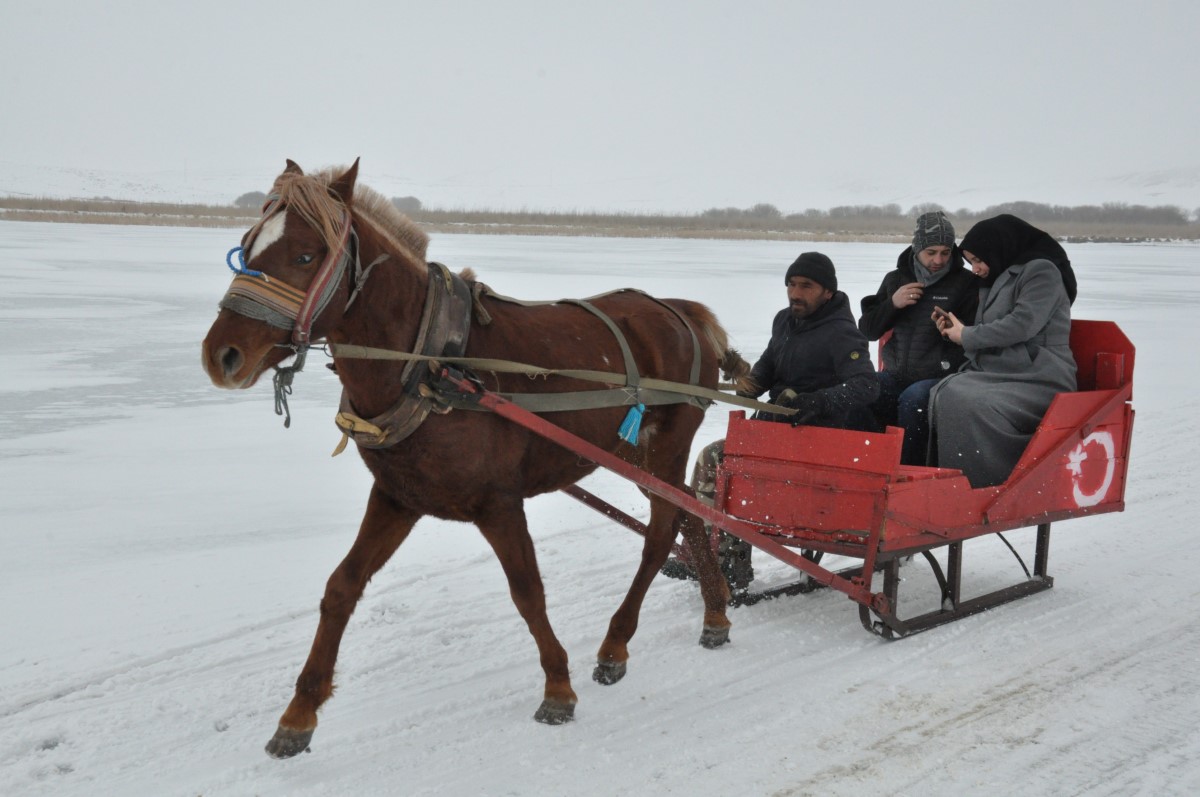 Çıldır Gölü’nde dörtnala atlı kızak keyfi