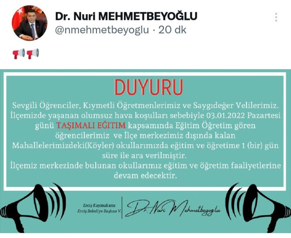 Erciş'te olumsuz hava şartları sebebiyle taşımalı eğitime 1 gün ara verildi