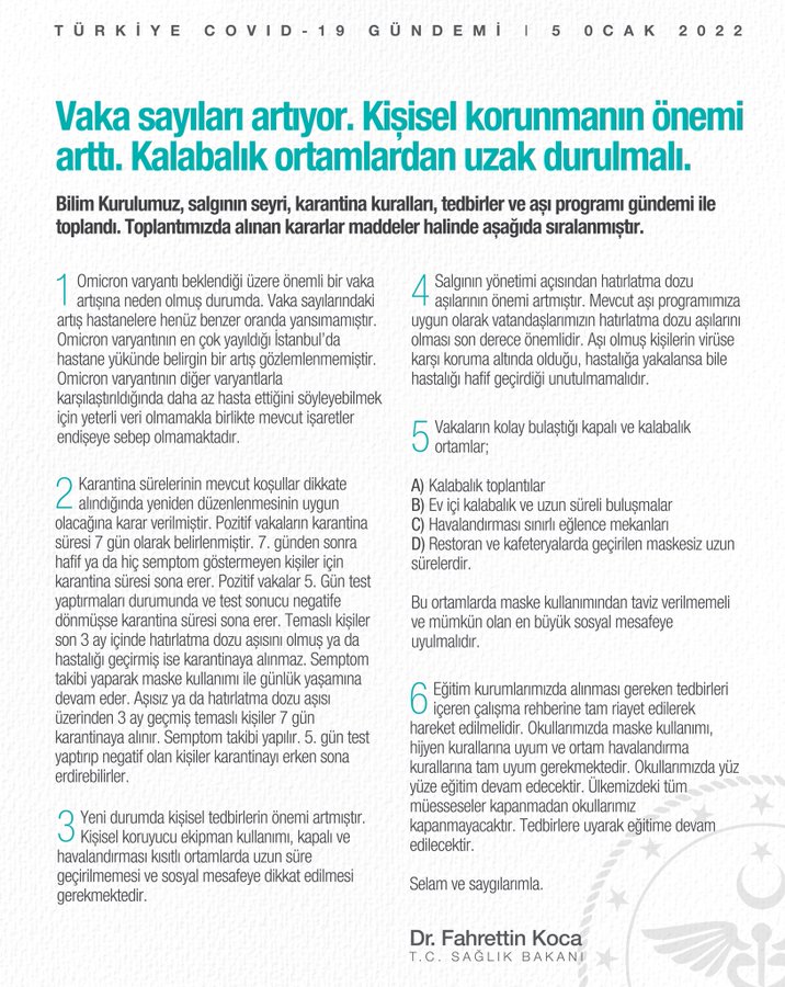 Bakan Koca: 'Pozitif vakaların karantina süresi 7 gün olarak belirlendi'
