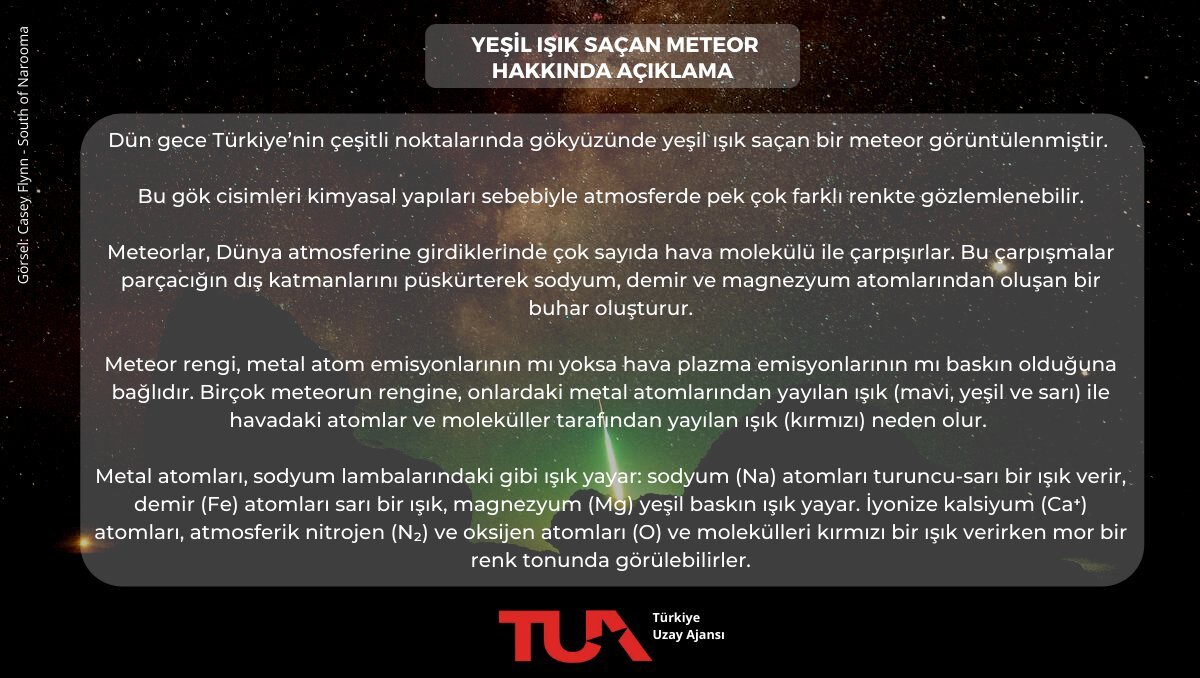 Türkiye Uzay Ajansı’ndan 'yeşil ışık saçan meteor' açıklaması