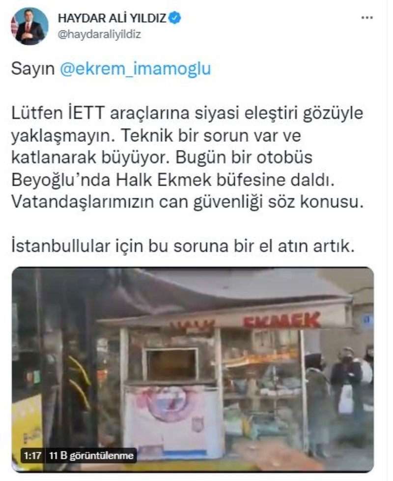 Beyoğlu Belediye Başkanı Yıldız: 'İstanbullular için İETT sorununa bir el atın artık'