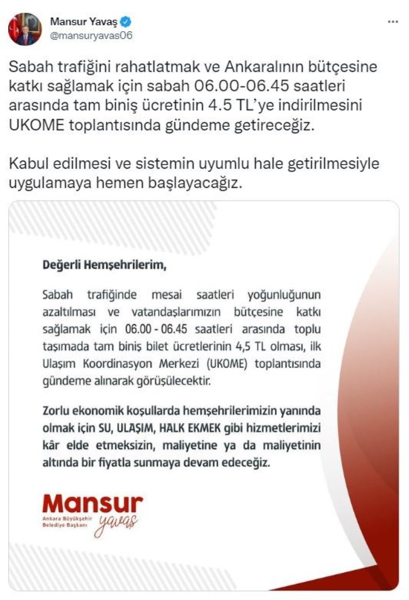 Ankara'daki sabah 06.00-06.45 saatleri için toplu ulaşıma indirim geliyor