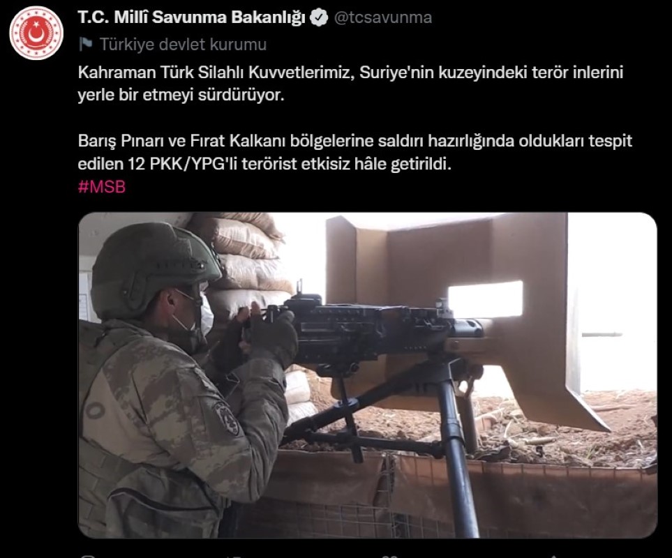 MSB: 'Barış Pınarı ve Fırat Kalkanı bölgelerinde 12 PKK/YPG'li terörist etkisiz hale getirildi'