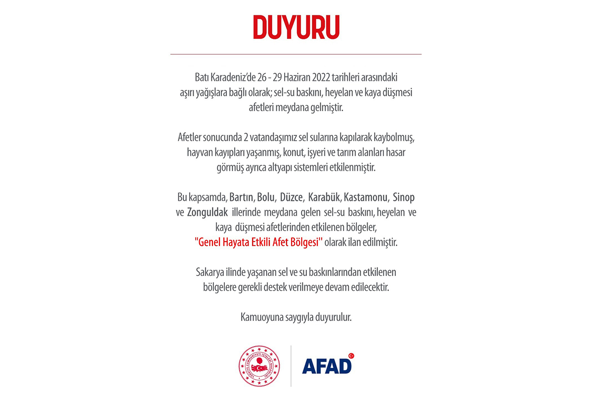 AFAD 7 ilin 'Genel Hayata Etkili Afet Bölgesi' olarak ilan edildiğini duyurdu