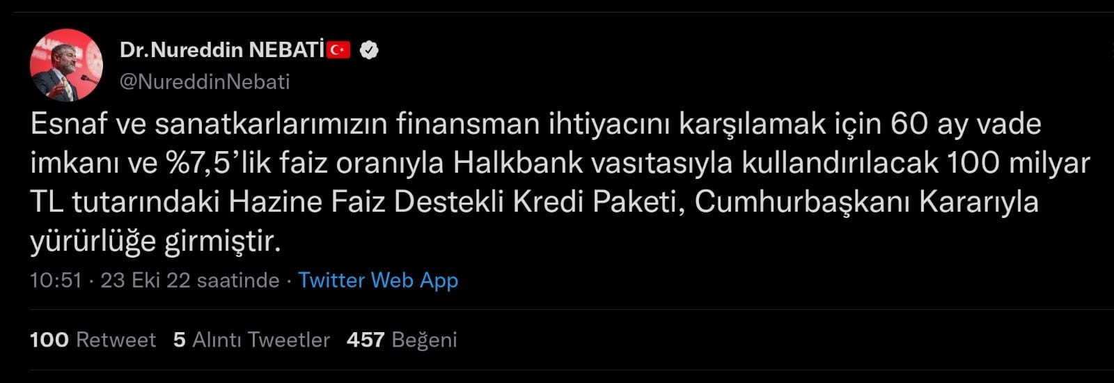 Bakan Nebati: '100 milyar liralık Hazine Faiz Destekli Kredi Paketi yürürlüğe girmiştir'
