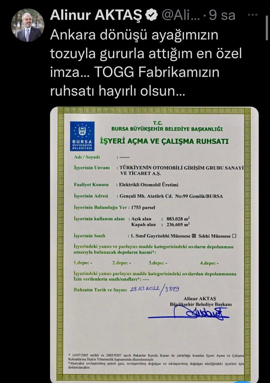 İşte TOGG Otomobil Fabrikası'nın ruhsatı
