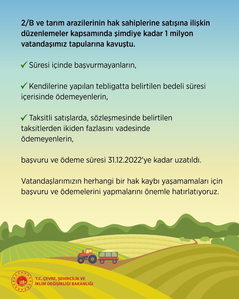 2/B ve Hazine'ye ait tarım arazileri için son başvuru tarihi 31 Aralık
