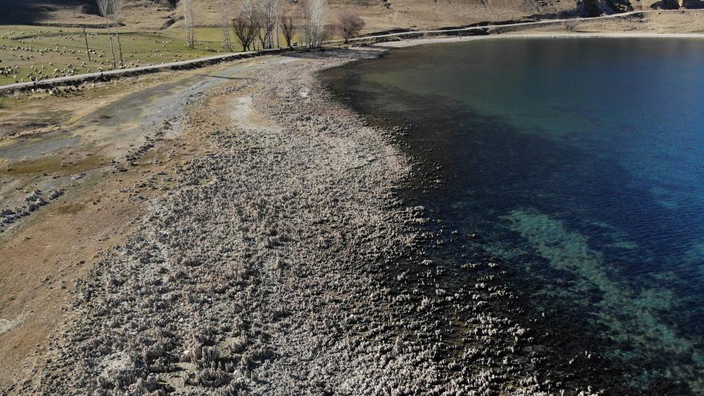 Van Gölü’nde sular çekildi, su altı peribacaları ortaya çıktı