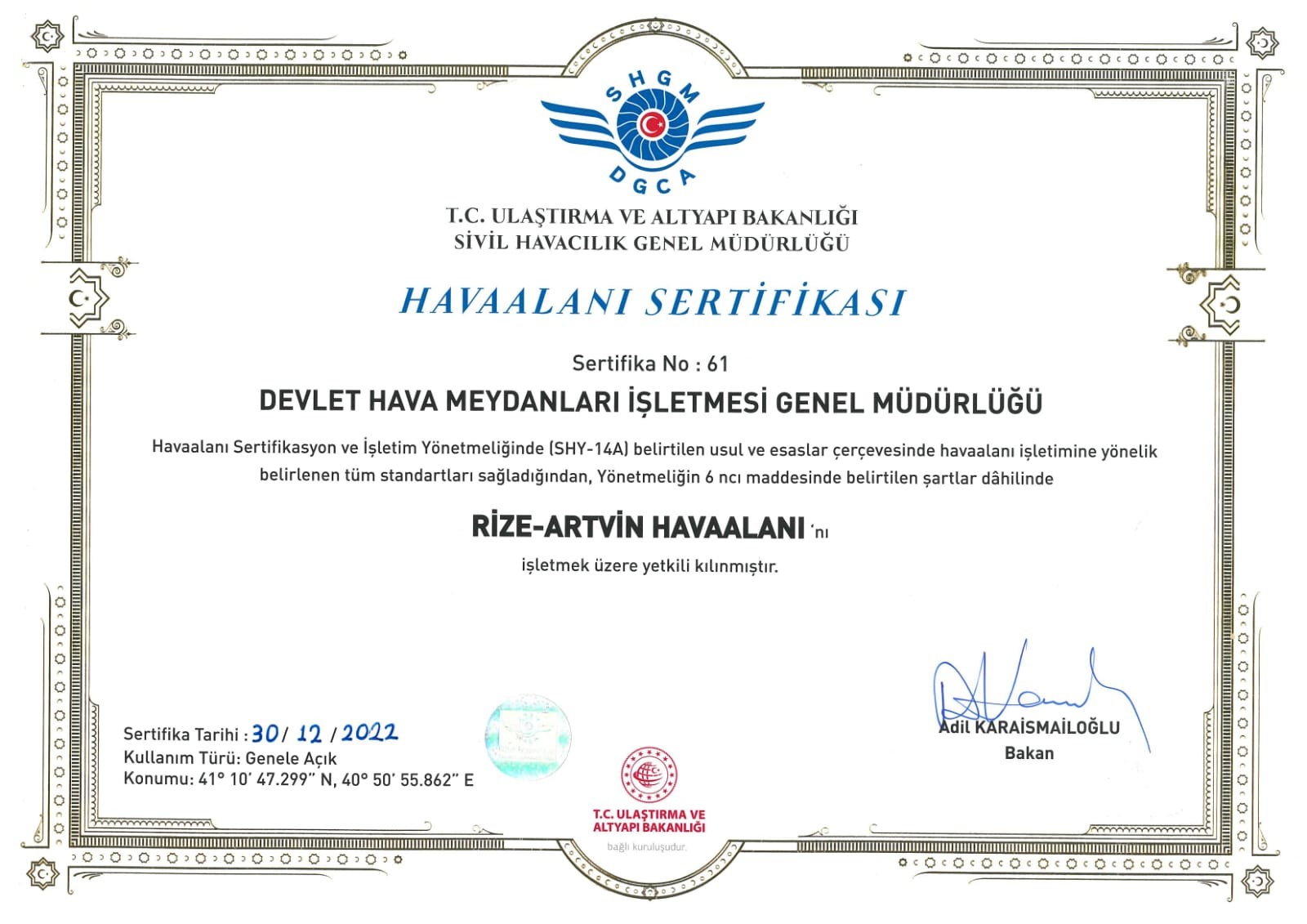 Rize-Artvin Havalimanı sertifikasını aldı