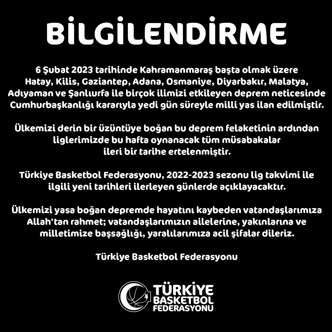 Türkiye Basketbol Federasyonu, maçların ertelendiğini duyurdu