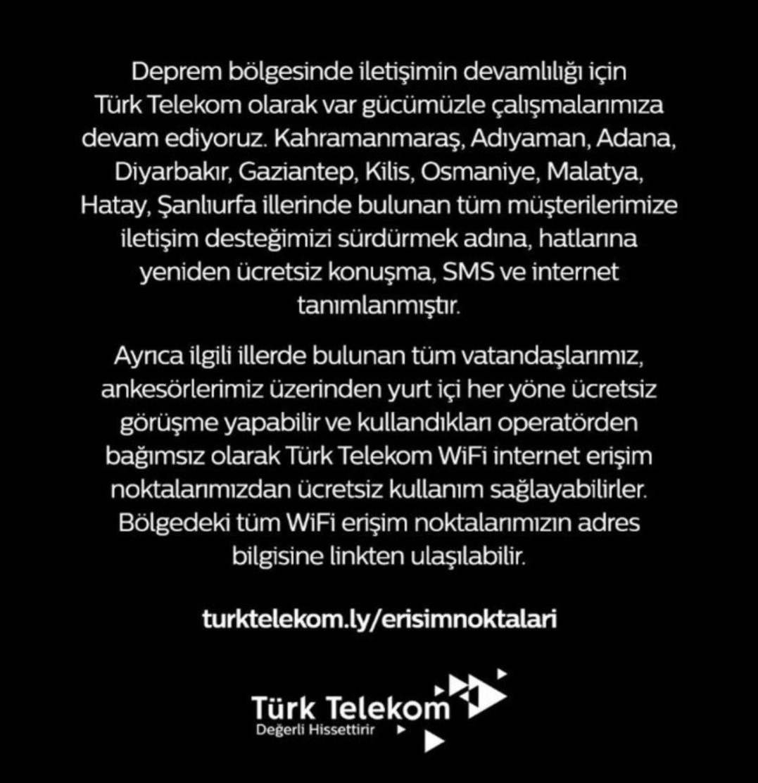 Türk Telekom’dan deprem bölgelerindeki ücretsiz iletişime ilişkin açıklama