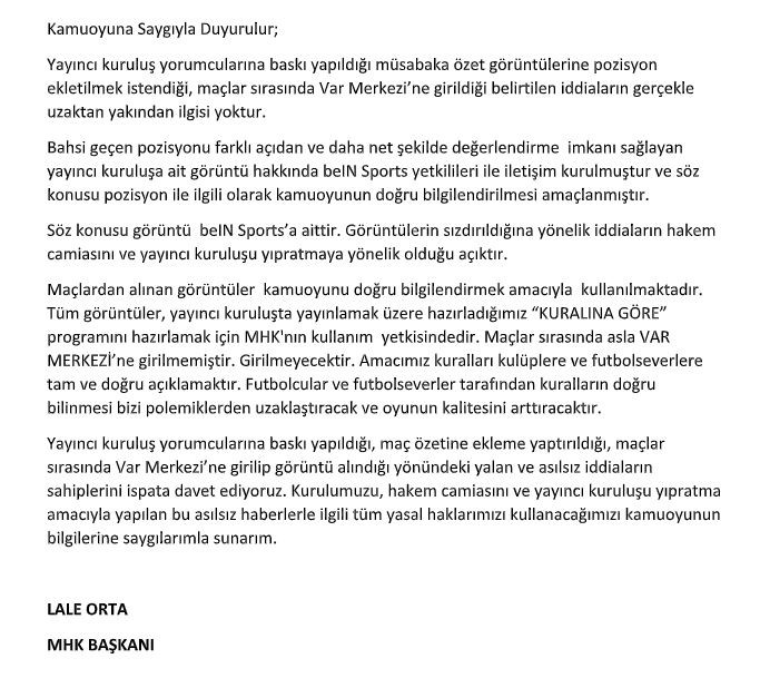 Lale Orta: 'Maçlar sırasında asla VAR Merkezi'ne girilmemiştir, girilmeyecektir'