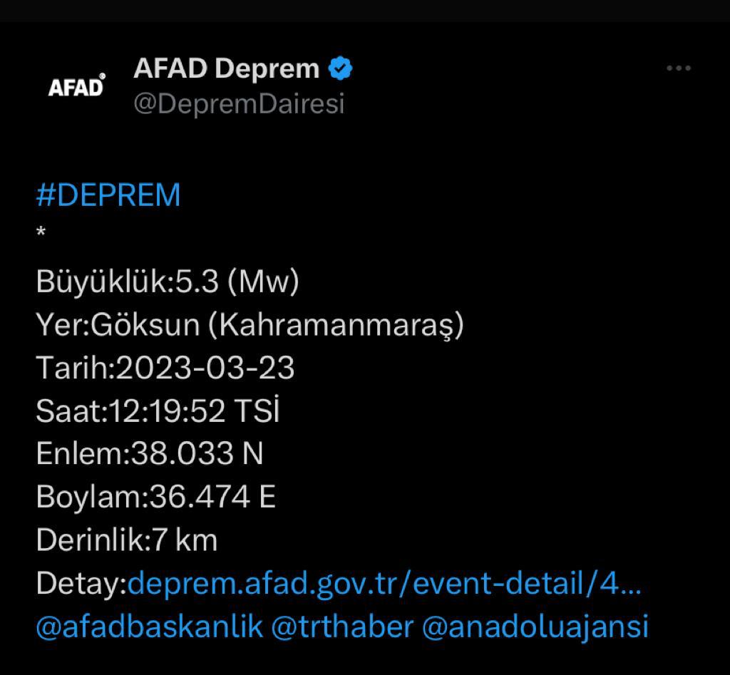 Kahramanmaraş'ta 5.3 büyüklüğünde deprem